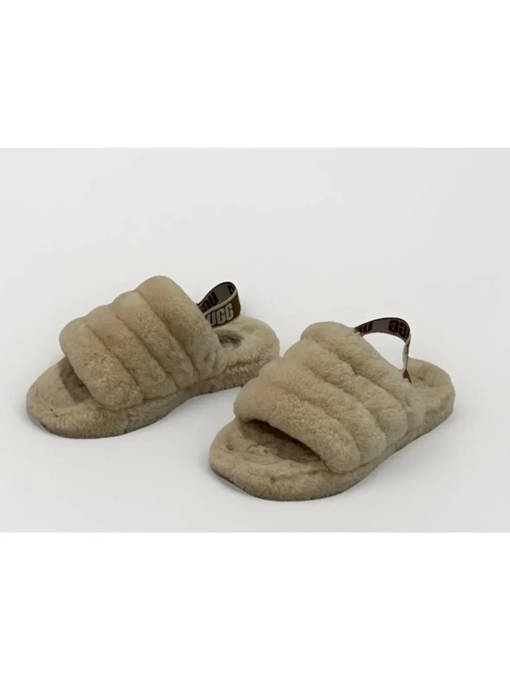UGG Fluff Yeah Ivory Cream Slide Slipper GIRLS Kids Youth Size 2 Logo Strap 33.5